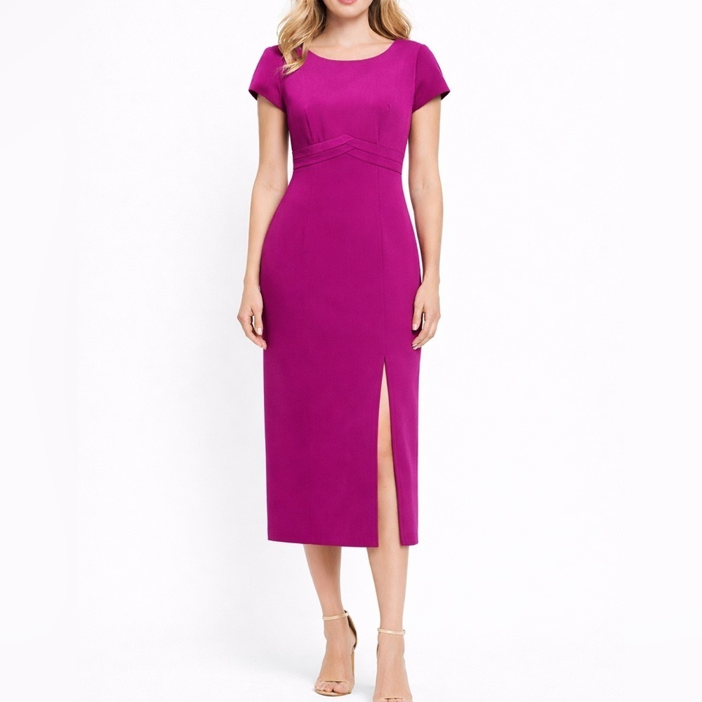 Vintage 80s Papell Silk Pink Sheath Dress size 4p V Back Front Detail